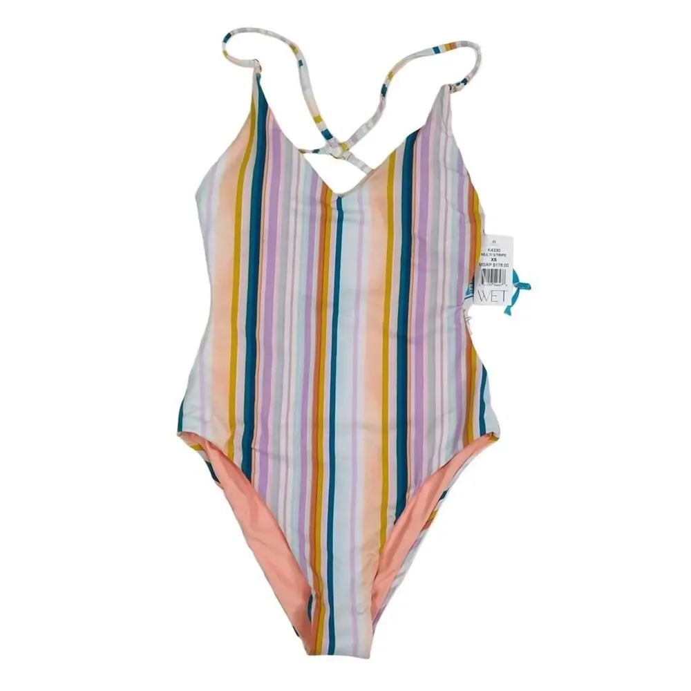 WET Kelly Brazilian Stripe One Pcs Swimsuit XS Resort Open Retro NWT Made USA